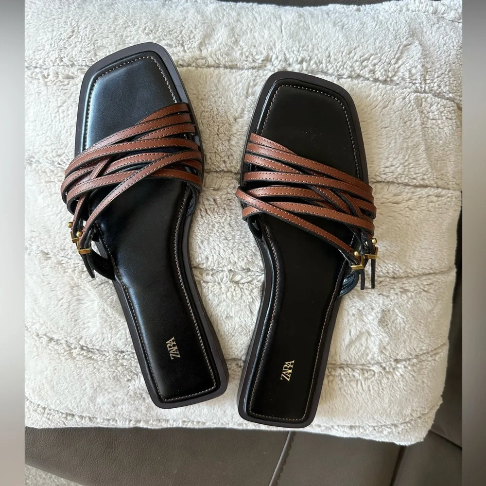 💄Zara leather trending brown/chocolate-toned slide sandals EUR 40 / US 9 - Picture 2 of 6